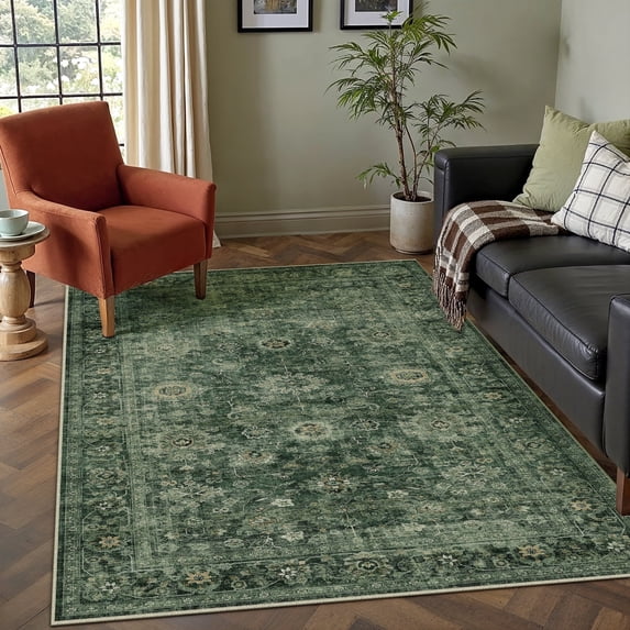 BERTHMEER Small Area Rugs 3'x5' for Bathroom Kitchen Bedroom Entryway Rugs Non Slip Washable Vintage Green Carpets Oriental Dorm Office Entrance Traditional Distressed Throw Rugs