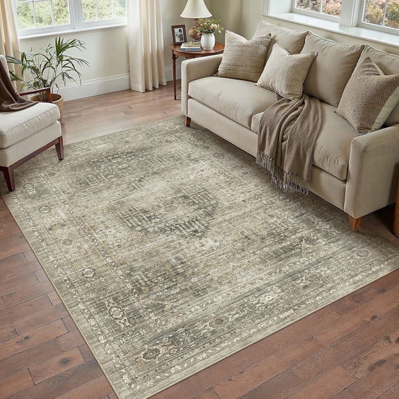 BERTHMEER Small Area Rugs 3'x5' for Bedroom Bathroom Entryway Kitchen Laundry Rugs Non Slip Washable Light Brown Vintage Tawny Carpets Oriental Dorm Home Office Traditional Distressed Throw Rugs
