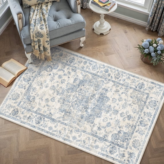 BERTHMEER Small Area Rugs 3'x5' for Bedroom Bathroom Entryway Kitchen Laundry Rugs Non Slip Washable Vintage Blue Carpets Oriental Dorm Office Entrance Traditional Distressed Throw Rugs