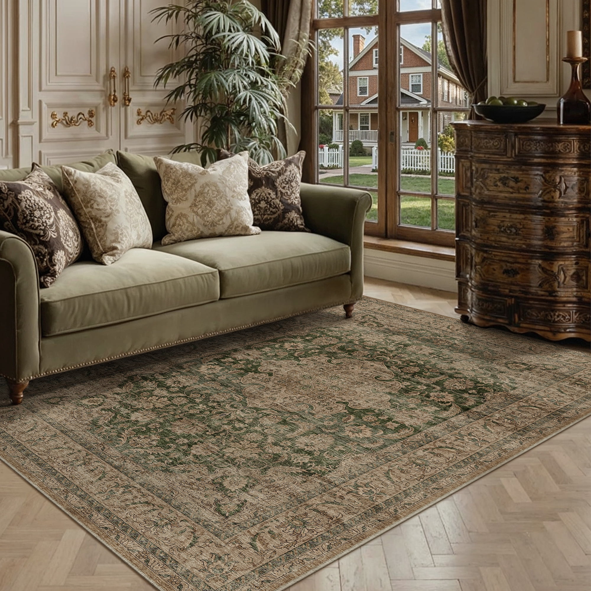 berthmeer small area rugs 3'x5' for bedroom bathroom entryway kitchen laundry rugs non slip washable vintage brown and green carpets oriental dorm office entrance traditional distressed throw rugs