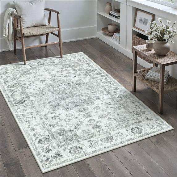 BERTHMEER Small Area Rugs 3'x5' for Bedroom Bathroom Entryway Kitchen Laundry Rugs Non Slip Washable Vintage Gray Carpets Oriental Dorm Office Entrance Traditional Distressed Throw Rugs