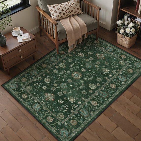 BERTHMEER Small Area Rugs 3'x5' for Bedroom Bathroom Entryway Laundry Rugs Non Slip Washable Vintage Green Carpets Oriental Cirrus Floral Dorm Office Entrance Traditional Distressed Throw Rugs