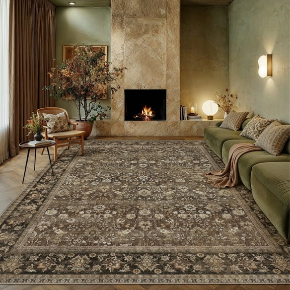 BERTHMEER Vintage 10’x12' Large Brown Area Rugs for Living Room Bedroom Office Dining Room Farmhouse Oriental Floral Rugs Traditional Non Slip Washable Carpets