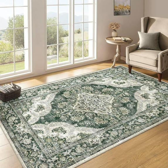 BERTHMEER Vintage 3'x5' Area Rugs Small Green Carpets for Bathroom Bedroom Entryway Kitchen Rugs Non Slip Washable Traditional Office Dorm Entrance Oriental Distressed Throw Rugs