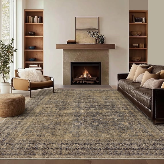BERTHMEER Vintage 6'x9' Area Rugs for Living Room Kitchen Bedroom Rugs Non Slip Washable Brown Carpets Office Farmhouse Dorm Dining Room Black Oriental Traditional Distressed Rugs