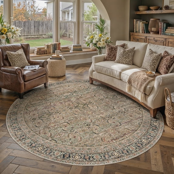 Berthmeer Vintage Brown Round Area Rug 6 ft x 6 ft Washable Non-slip Traditional Rug