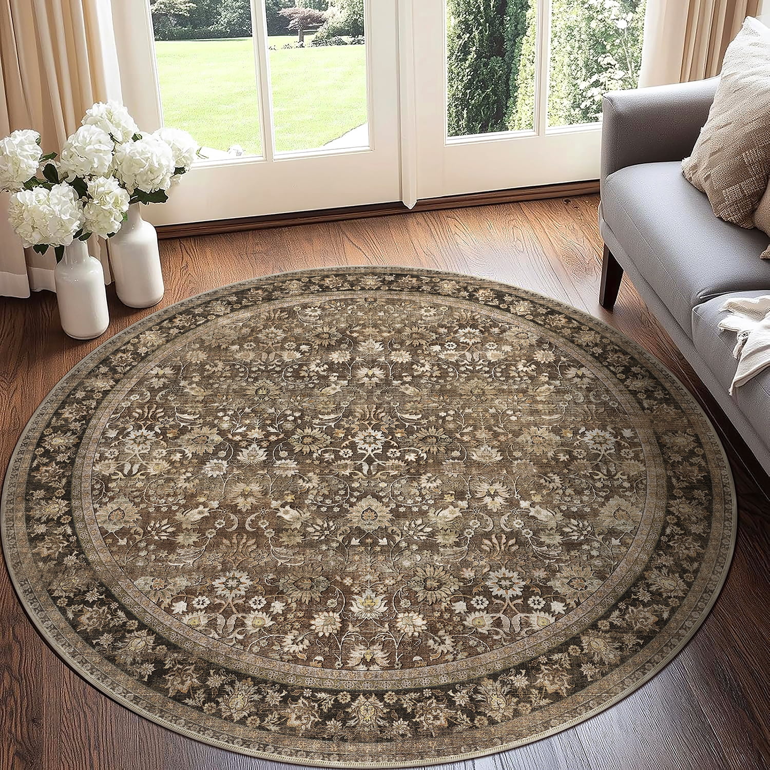BERTHMEER Vintage Floral Brown Round Area Rugs 5'x5' for Living Room ...