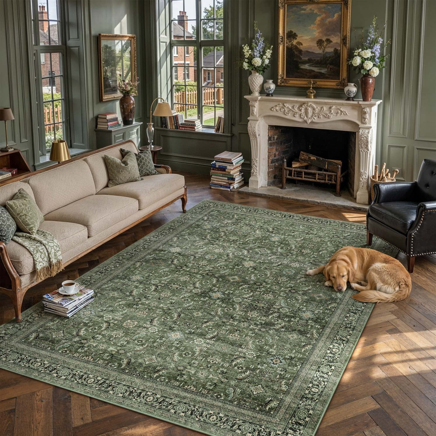 Berthmeer Vintage Oriental Distressed Rug, 8'x10', Green