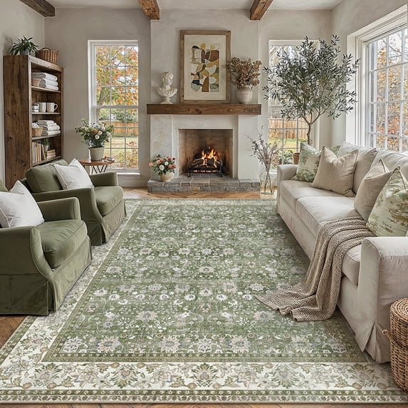 BERTHMEER Vintage Large Area Rugs 8’x10' Clearance for Living Room Bedroom Office Dining Room Farmhouse Green Oriental Rugs Non Slip Washable Traditional Distressed Rugs