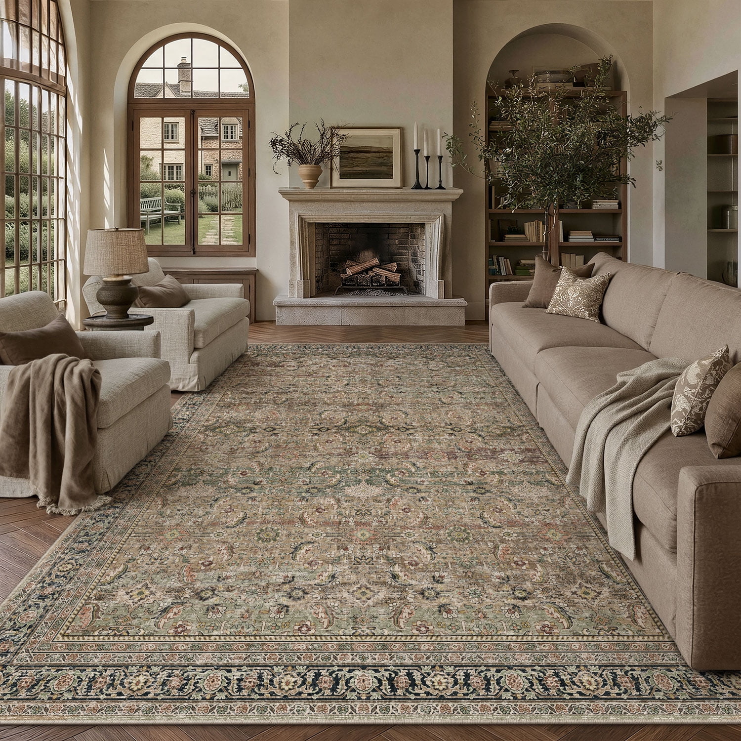 BERTHMEER Vintage Large Brown Area Rugs 8’x10' for Living Room Bedroom Office Dining Room Farmhouse Brown Oriental Rugs Non Slip Traditional Distressed Rugs