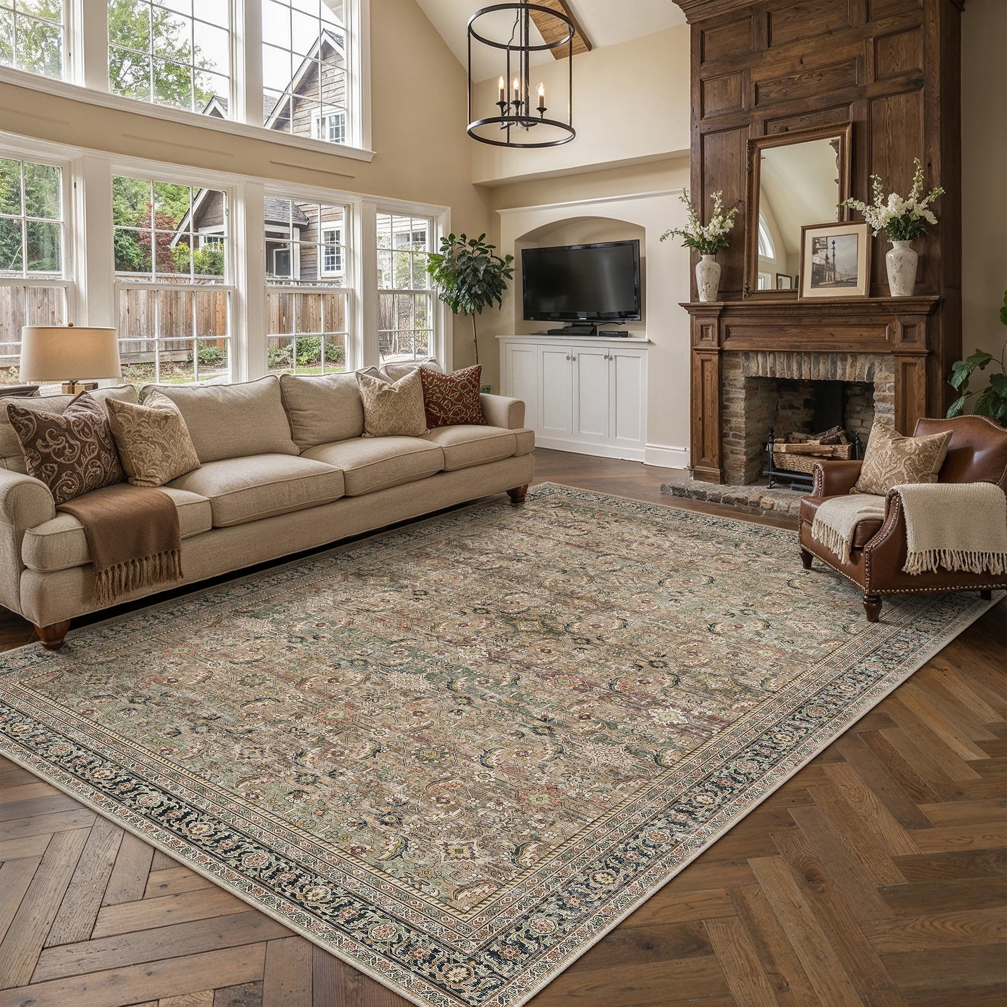 berthmeer vintage large brown area rugs 8’x10' for living room bedroom office dining room farmhouse brown oriental rugs non slip traditional distressed rugs