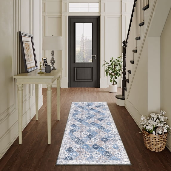 BERTHMEER Washable 2'x6' Runner Rugs for Kitchen Entryway Hallway Bathroom Laundry Room Oriental Distressed Vintage non-slip Rubber Back, Blue