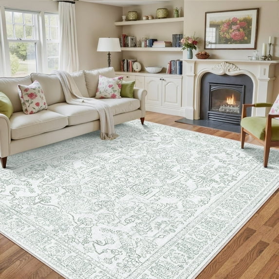 BERTHMEER Washable Rugs 3'x5' Area Rugs for Bathroom Kitchen Bedroom Entryway Rugs Non Slip Green Vintage Boho Carpets Traditional Dorm Entrance Oriental Distressed Throw Rugs