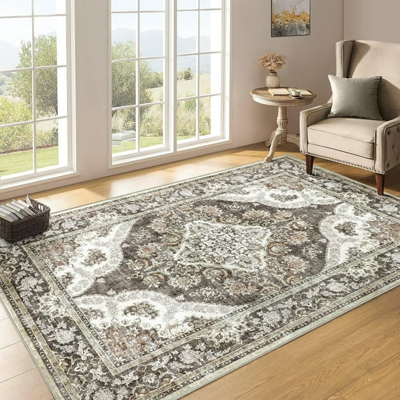 BERTHMEER Washable Rugs 3'x5' Small Brown Area Rugs for Bathroom Kitchen Bedroom Entryway Rugs Non Slip Vintage Gray Traditional Gray Carpets Office Dorm Entrance Oriental Distressed Throw Rugs