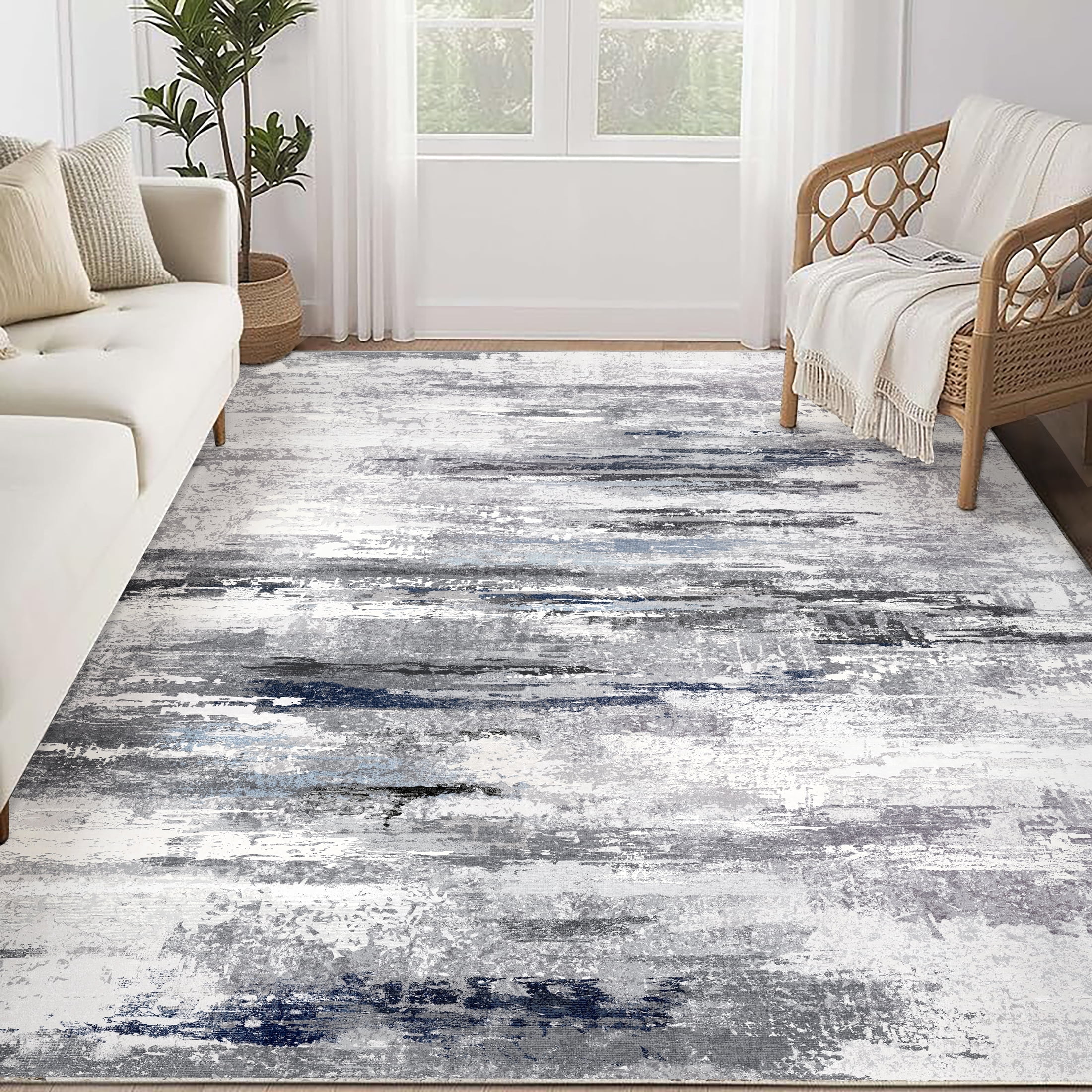 BERTHMEER Washable Rugs 5'x7' Area Rugs for Living Room Bedroom Kitchen Rugs Non Slip Abstract Blue and Gray Neutral Modern Dorm Office Dining Room Contemporary Throw Rugs