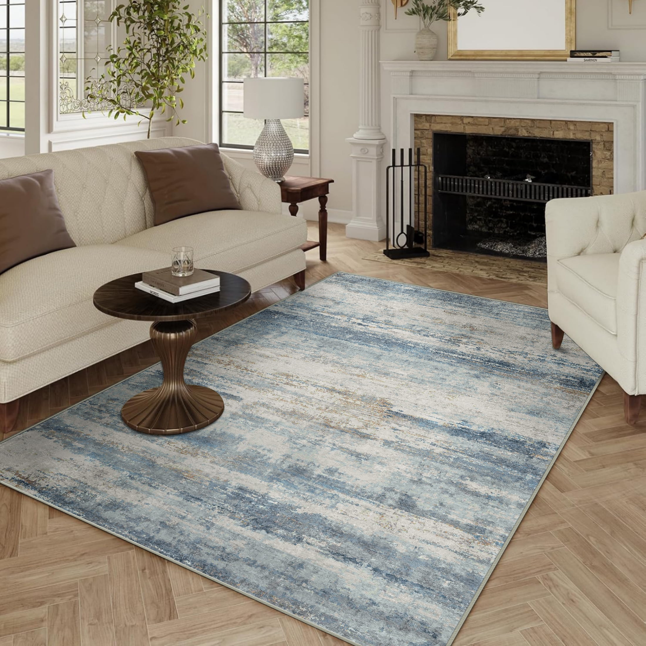 BERTHMEER Washable Rugs Abstract 3'x5' Area Rugs for Bathroom Kitchen Bedroom Entryway Rugs Non Slip Blue and Gold Carpets Dorm Office Entrance Modern Contemporary Throw Rugs