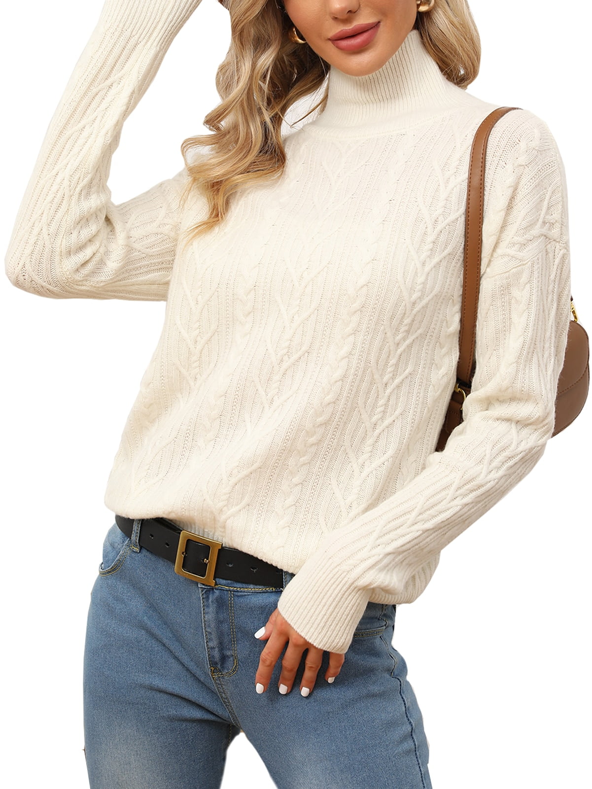 BERTHMEER Women's White Mock Turtleneck Wool Sweater, Long Sleeve