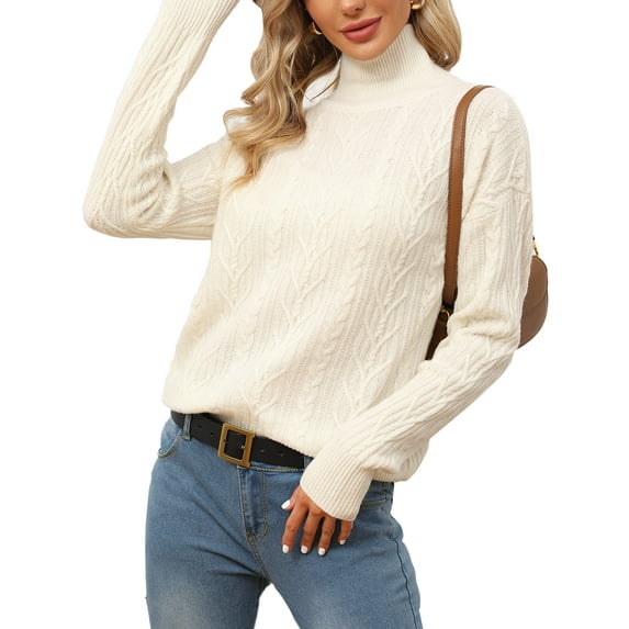 BERTHMEER White Sweaters Mock Turtleneck Wool Sweaters for Women Long Sleeve Oversized Sweaters Cable Knit Sweaters Vintage Pullover Sweaters Tops Lightweight Sweaters