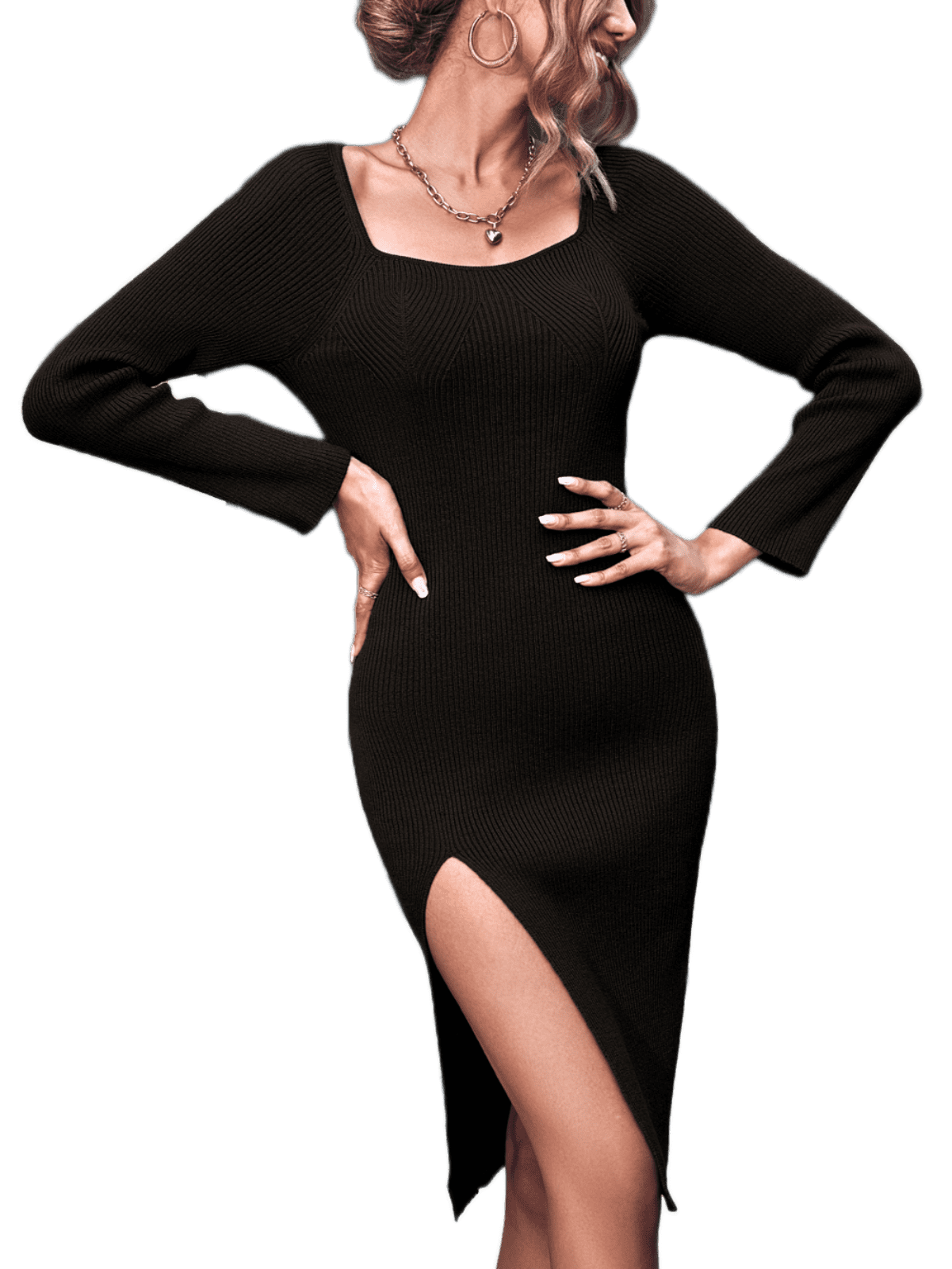BERTHMEER Women's Sweater Dress Knit Dress 30% Wool Bodycon, Black