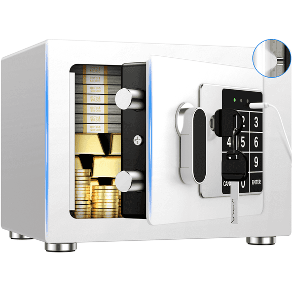 BESAFETY 0.25 Feet Cubic Safe Box, Money Lock Safes with Digital Keypad, USB Cable and Sensor Light, Security Safe for Home Office Hotel (White)