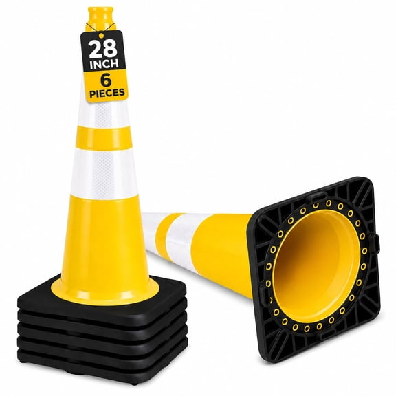 BESEA 6 Pack 28 Inch Traffic Cones with Reflective Collars, Heavy Duty Safety Cones with Stable Black Base, Road Parking Cones for Traffic Control, Parking, Construction & Driving Practice(Yellow)