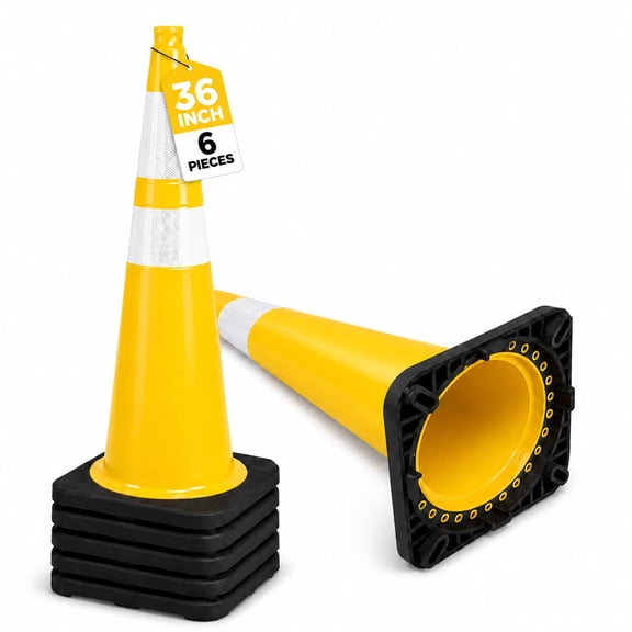BESEA 6 Pack 36 Inch Traffic Cones with Reflective Collars, Heavy Duty Safety Cones with Stable Black Base, Road Parking Cones for Traffic Control, Parking, Construction & Driving Practice(Yellow)