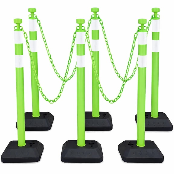 BESEA 6Pack Crowd Control Barriers with Plastic Chains 40" Green Stanchion Posts with Reflective Bands, 6.6 FT Chain Fillable Water/Sand Base Queue Line Barrier for Parking Events & Safety Zones