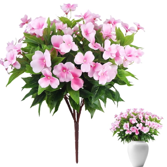 BESEW7 Artificial Flowers for Outdoors Impatiens Bouquet Fake Plants for Spring Summer Garden Porch Patio Window Box Decor Pink