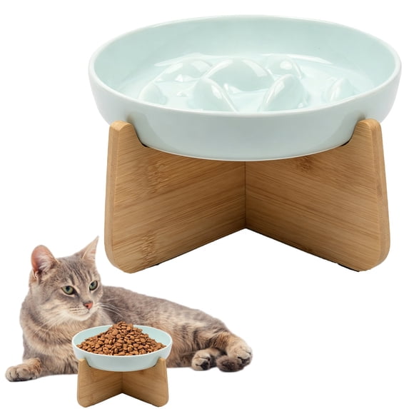 BESEW7 Ceramic Raised Cat Bowl with Wood Stand, Elevated Slow Feeder for Cats and Small Dogs, Non-Slip Base Easy Clean Pet Water Dish Green