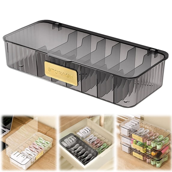 BESEW7 Cord Organizer, Electronics Storage Box with Lid, 7 Compartment Cable Management Case for Desk Travel Office, Grey