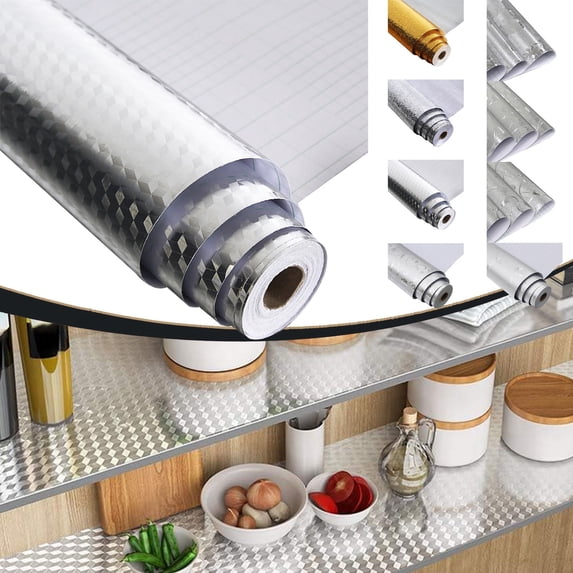 BESEW7 Drawer Shelf Liner, Non-Adhesive Aluminum Foil Kitchen Mat, Oil Proof Heat Resistant Pad for Cabinets, Pantry Organization and Bathroom Vanity Tray