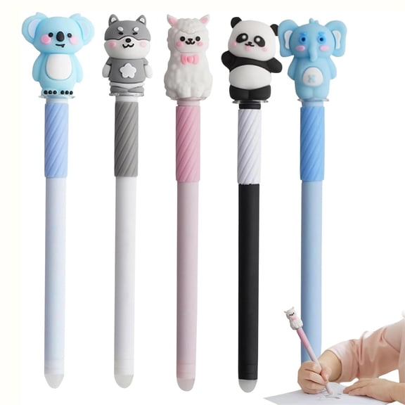 BESEW7 Erasable Pens For Planners 0.5mm Blue Ink Gel Pen 5 Piece Set Cute Animal Motif For Journaling Gift
