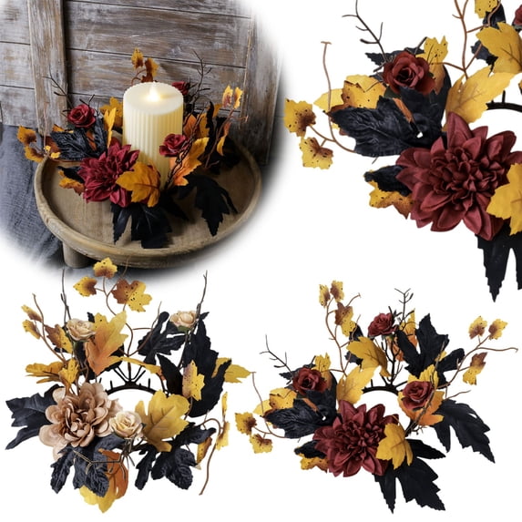 BESEW7 Fall Wreath, Artificial Maple Leaf Garland for Halloween Party Decor and Candle Holder, Modern Farmhouse Decoration for Living Room Entryway