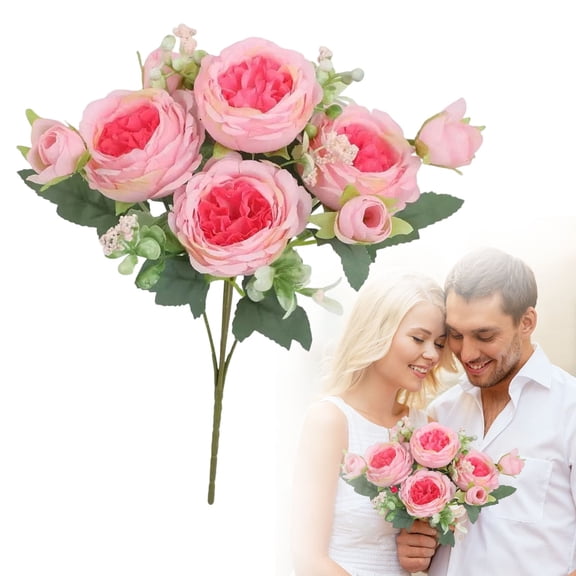 BESEW7 Faux Flowers 5 Heads Persian Rose Bouquet for Outdoor Garden Decor, Artificial Plants Outdoor, Lifelike Fake Roses for Bridal Shower Pink