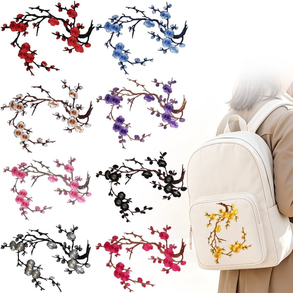 BESEW7 Flower Embroidered Applique Patches Iron On for Backpack Jacket Jeans Tote Bag Dress Cherry Blossom Sew On Decorative Patch