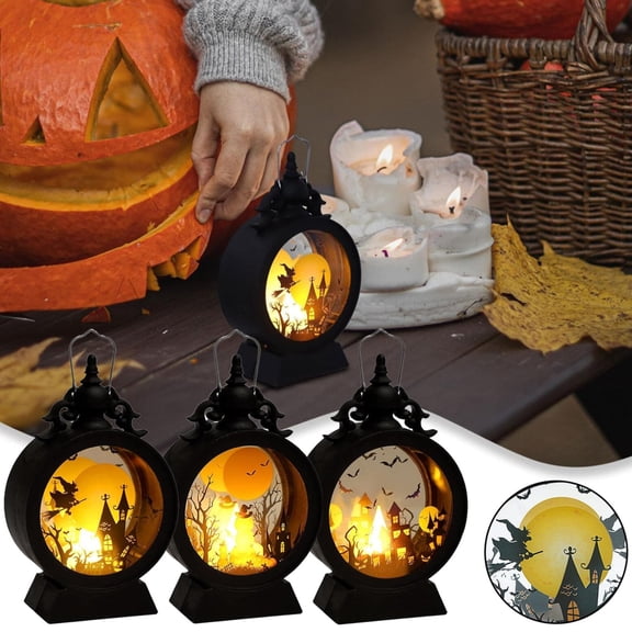 BESEW7 Halloween LED Lantern, Retro Pumpkin Design Portable Lamp with Hanging Ring and Carry Handle, Flickering Warm Light for Party Mantel Shelf Centerpiece