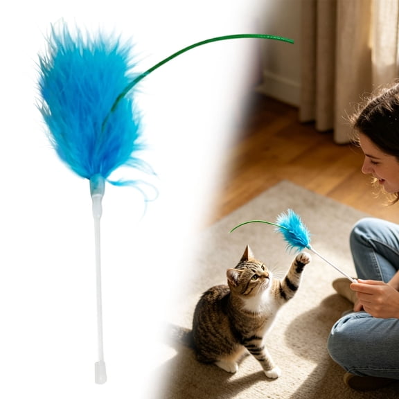 BESEW7 Interactive Cat Toy Wand with Feathers, Replacement Cat Stick Toy for Indoor Tugging Swatting Chasing Play Exercise Bonding Blue