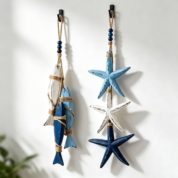 BESEW7 Mediterranean Wall Art with Rope, Coastal Style 3 Wooden Fish Hanging Ornament for Living Room Kitchen Bathroom Cafe