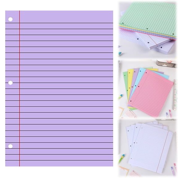 BESEW7 Notebook Paper College Ruled 3 Hole Punched, Loose Leaf Filler Paper for 3 Ring Binder, 8x10.5 Inch Aesthetic Purple Sheets