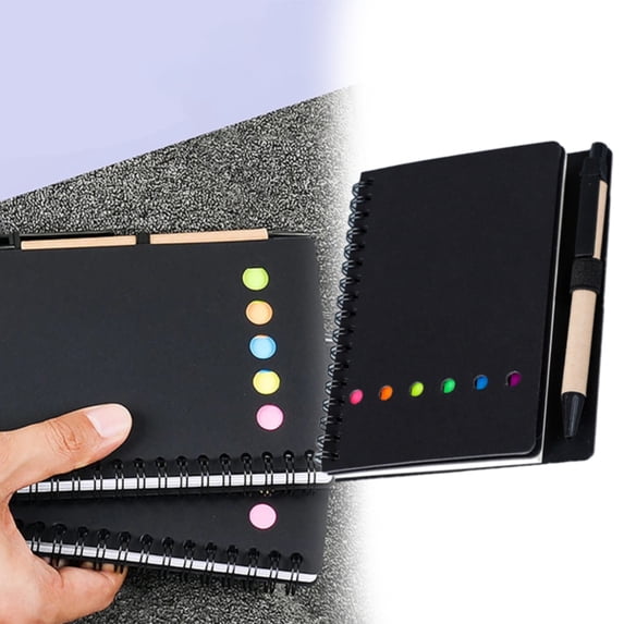 BESEW7 Notebook with Pen Holder Spiral Bound Journal for Work College Ruled Notepad Sticky Notes Included Travel Journaling Notebooks Black