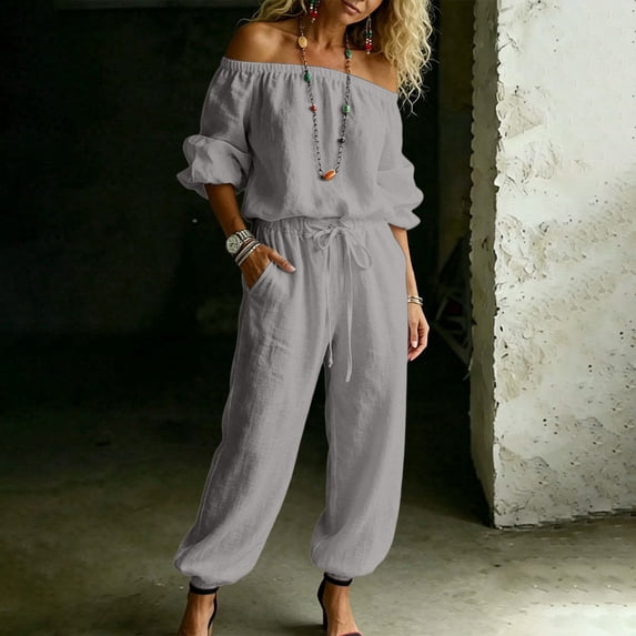 BESEW7 Off Shoulder Jumpsuits for Women, Summer Casual Loose Rompers with Pockets Roll Up Sleeve Elastic Waist for Daily Beach Vacation Gray L