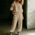 thumbnail image 1 of BESEW7 Off Shoulder Jumpsuits for Women, Summer Casual Loose Rompers with Pockets Roll Up Sleeve Elastic Waist for Daily Beach Vacation Khaki XL, 1 of 7