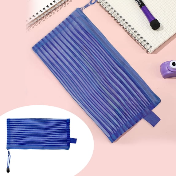 BESEW7 Pen Holder Mesh Pouch, Pencil Case Bag, Zipper Storage Pencil Pouch for Markers Cosmetics Travel, Large Pencil Pouch Dark Blue