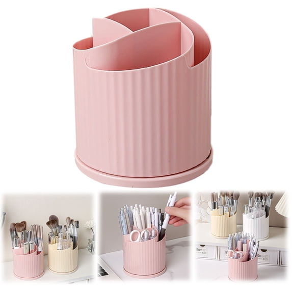 BESEW7 Plastic Rotating Pen Holder for Desk, 4 Slot Pencil Holder, Desktop Organizer and Accessories, Pen Holder for Office Supplies Pink