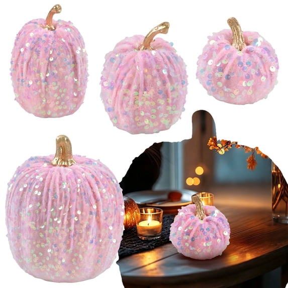 BESEW7 Pumpkin Ornaments, Realistic Fall Table Decor with Glitter Velvet, Modern Farmhouse Accents for Halloween Party Thanksgiving Mantel Display
