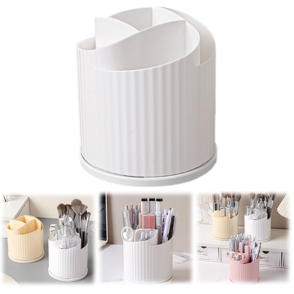 BESEW7 Rotating Pen Holder for Desk, 4 Slot Desktop Pen Organizer, Plastic Pencil Holder, Office Desk Accessories and Makeup Organizer White
