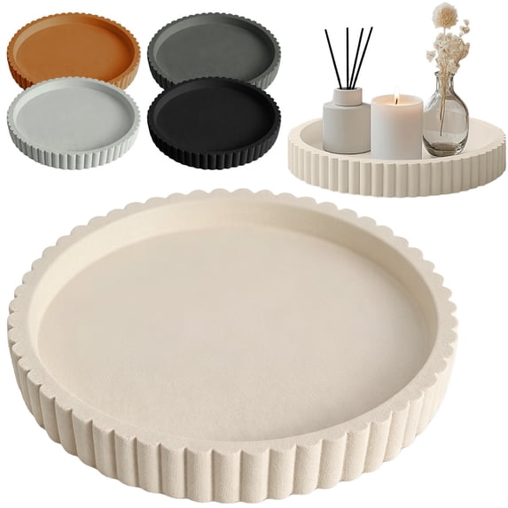 BESEW7 Round Decorative Tray for Bathroom Vanity, Portable Striped Storage Rack for Bedroom Kitchen Pantry Closet Desk Organization Beige