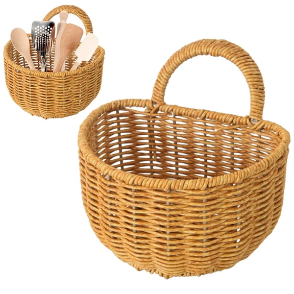 BESEW7 Semi Circle Woven Wall Mounted Basket with Handle, Natural Rattan Storage Basket for Kitchen Bathroom Pantry Closet Organizer L