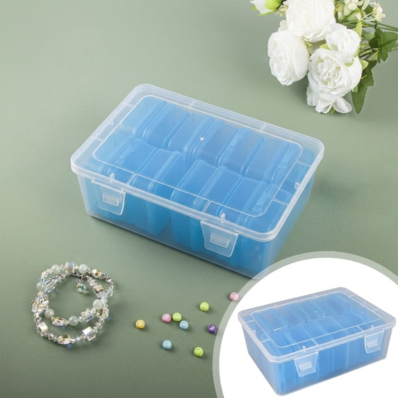 BESEW7 Storage Organizer, Bead Storage Containers with Hinged Lid, 14 Compartment Plastic Craft Case for Jewelry and Small Parts, Blue