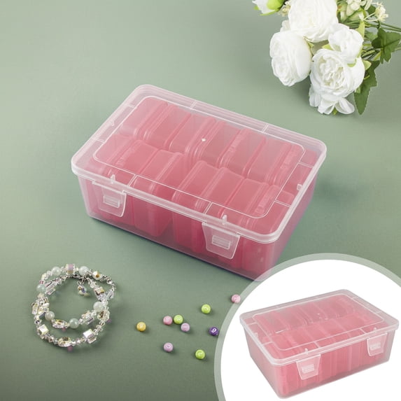 BESEW7 Storage Organizer, Bead Storage Containers with Hinged Lid, 14 Compartment Plastic Craft Case for Jewelry and Small Parts, Pink